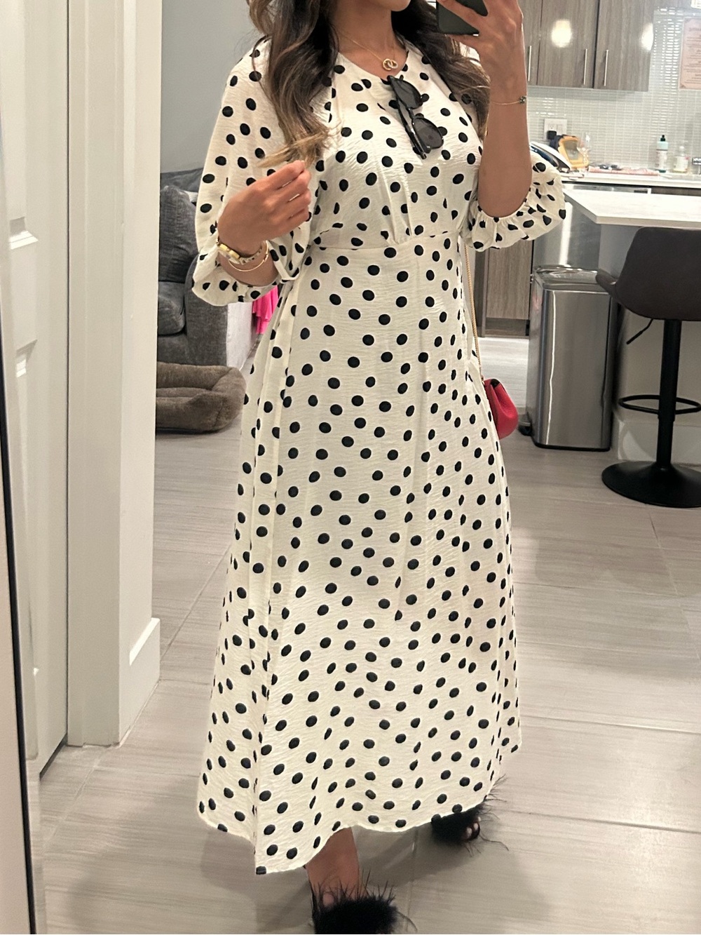 Polka Dot Long Sleeve Midi Dress - Black on Cream
